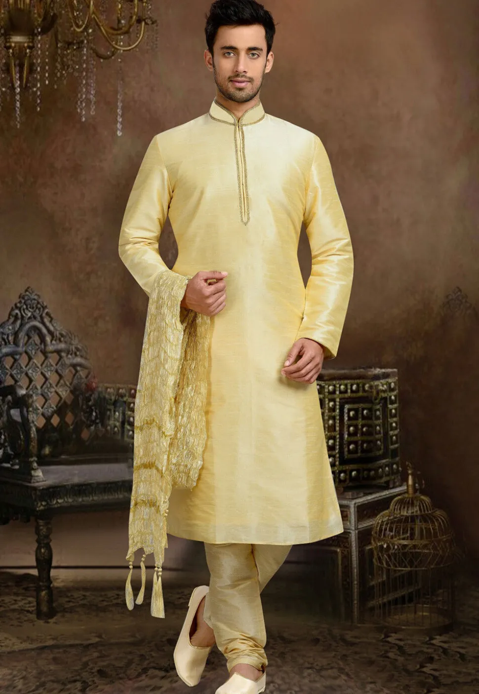 Embroidered Dupion Silk Kurta Set in Beige