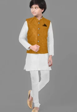 Embroidered Dupion Silk Kurta Set in Off White