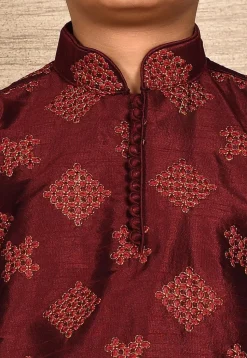 Embroidered Dupion Silk Kurta Set in Maroon