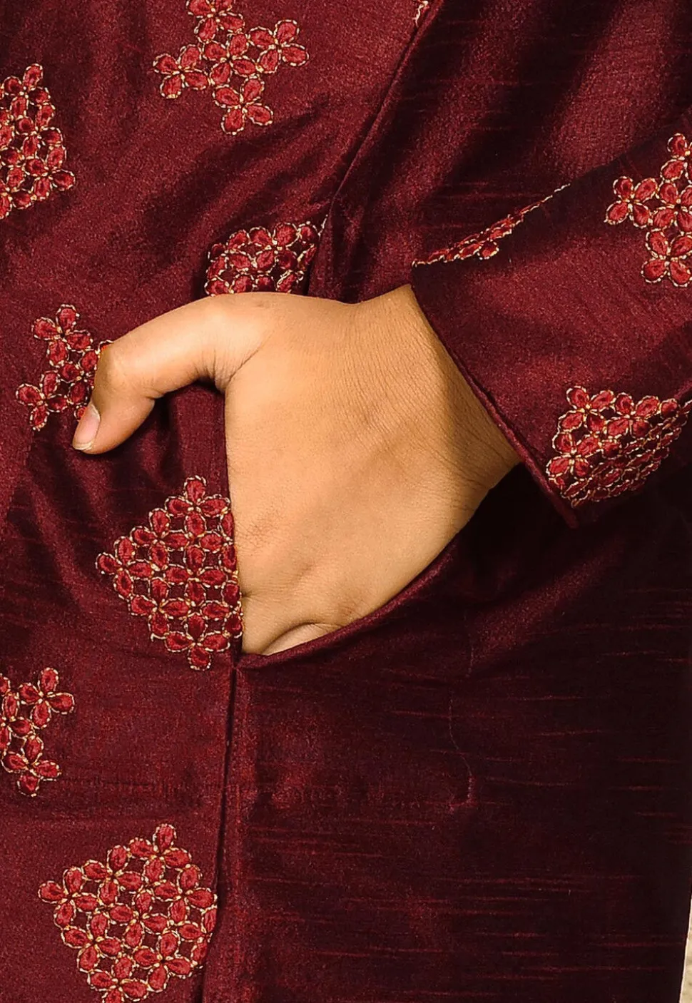 Embroidered Dupion Silk Kurta Set in Maroon
