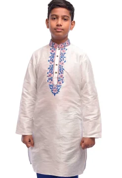 Embroidered Dupion Silk Kurta in White