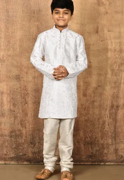 Embroidered Dupion Silk Kurta Set in White