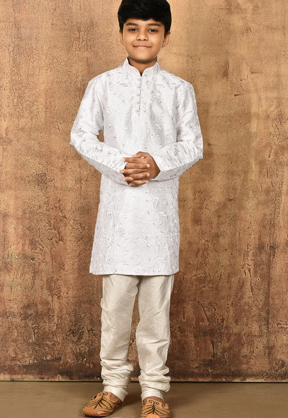Embroidered Dupion Silk Kurta Set in White