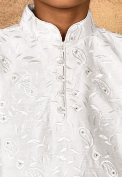 Embroidered Dupion Silk Kurta Set in White