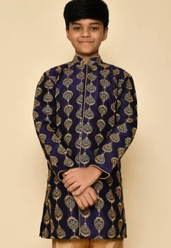 Embroidered Dupion Silk Kurta in Navy Blue