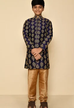 Embroidered Dupion Silk Kurta in Navy Blue