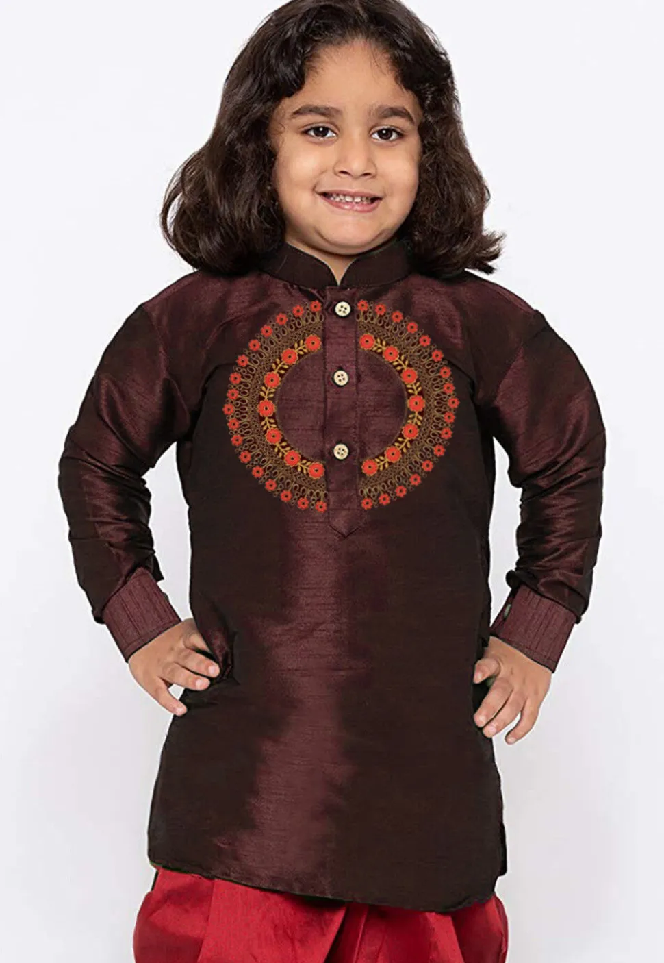 Embroidered Dupion Silk Kurta in Wine