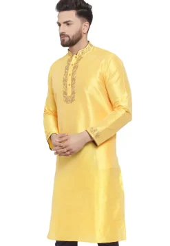 Embroidered Dupion Silk Kurta in Yellow