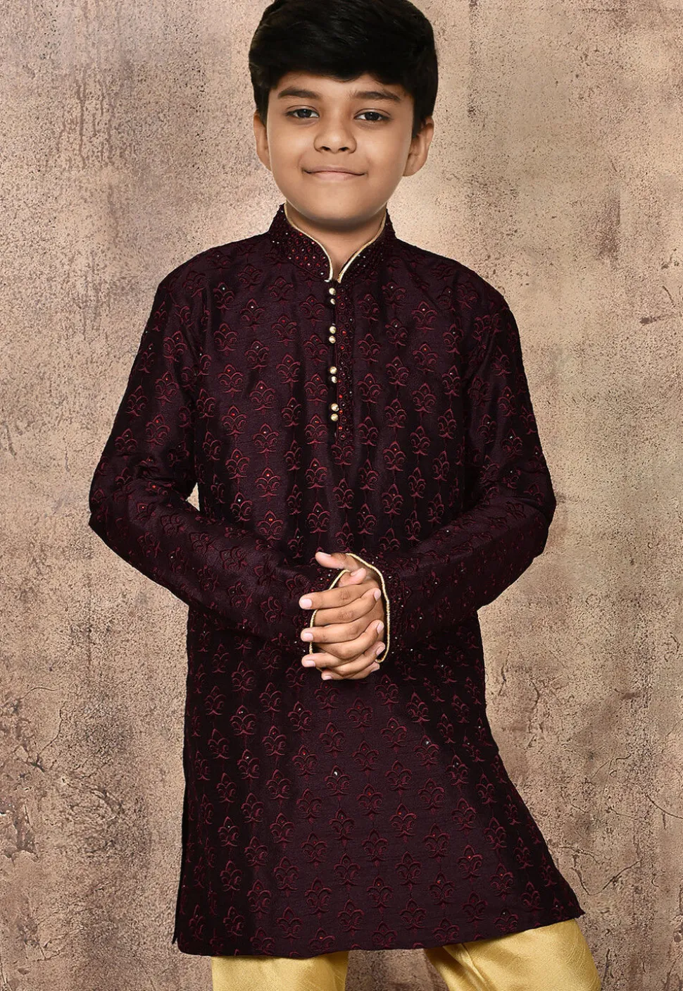 Embroidered Dupion Silk Kurta in Wine