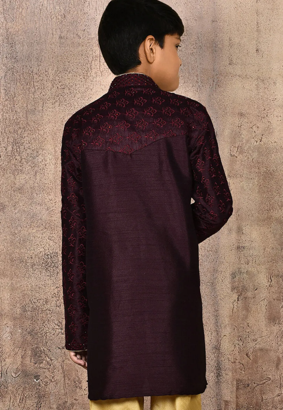 Embroidered Dupion Silk Kurta in Wine