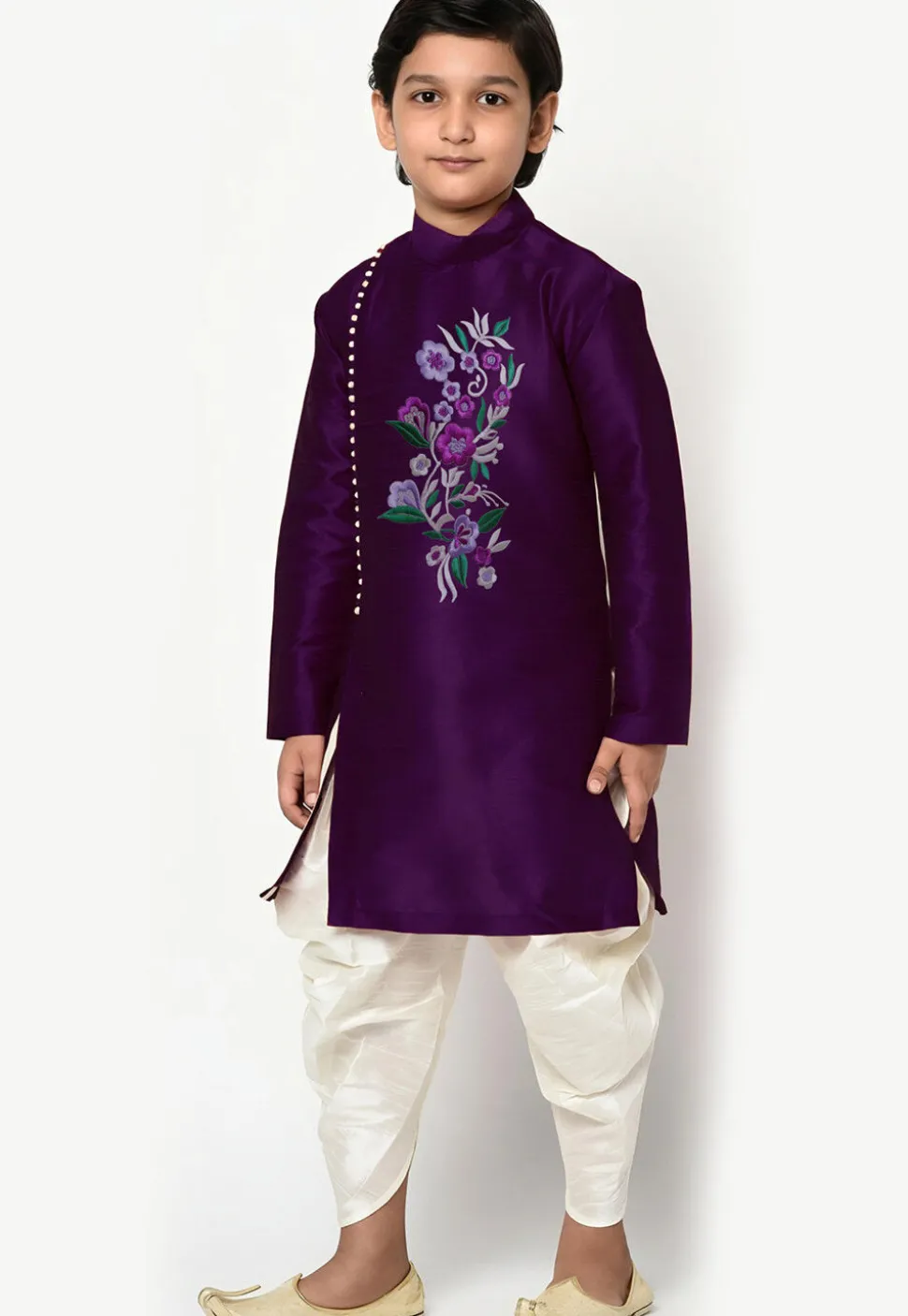 Embroidered Dupion Silk Kurta Set in Dark Purple