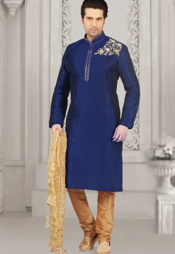 Embroidered Dupion Silk Kurta Set in Royal Blue