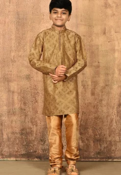 Embroidered Dupion Silk Kurta in Dark Beige