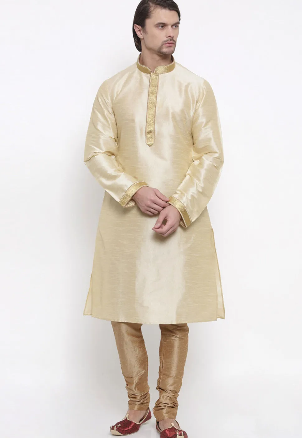 Embroidered Dupion Silk Kurta Set in Light Beige
