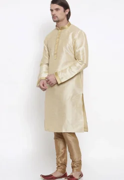 Embroidered Dupion Silk Kurta Set in Light Beige