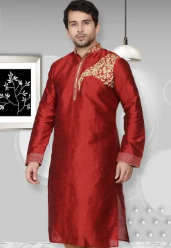 Embroidered Dupion Silk Kurta in Maroon