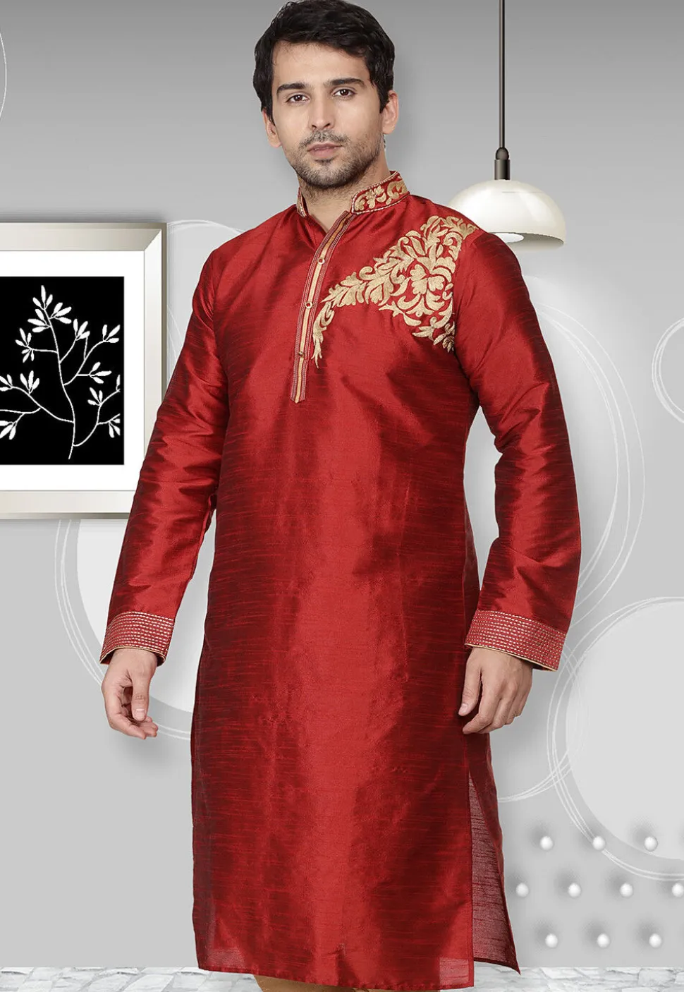 Embroidered Dupion Silk Kurta in Maroon