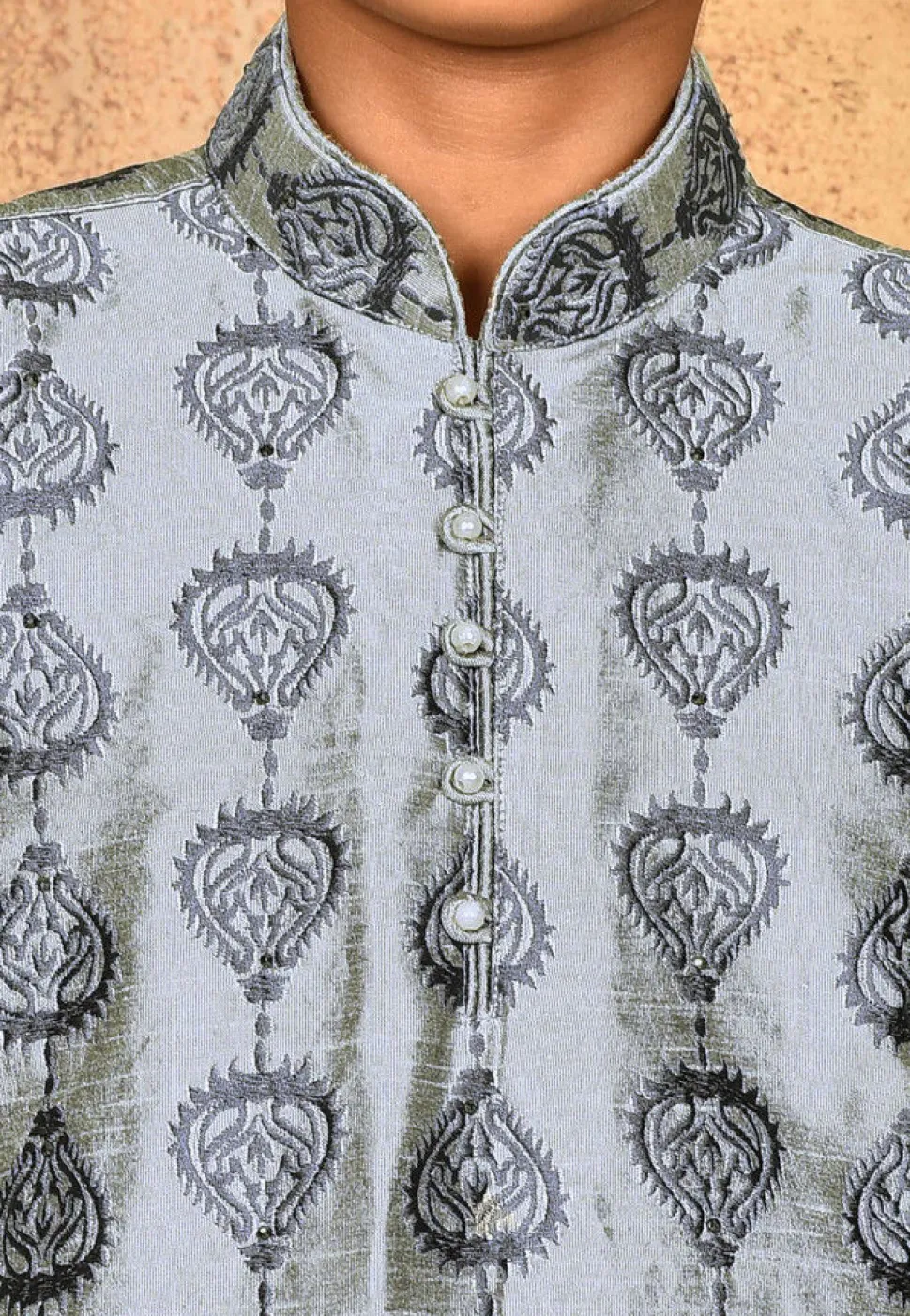 Embroidered Dupion Silk Kurta in Grey