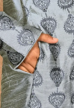 Embroidered Dupion Silk Kurta in Grey
