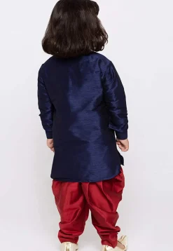 Embroidered Dupion Silk Kurta Set in Navy Blue