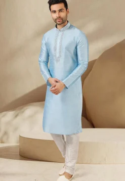 Embroidered Dupion Silk Kurta Set in Light Blue