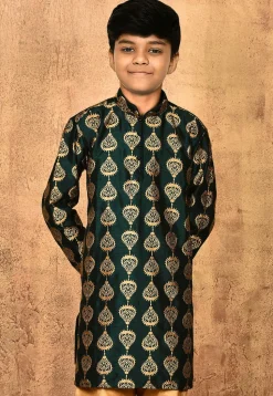 Embroidered Dupion Silk Kurta in Dark Green