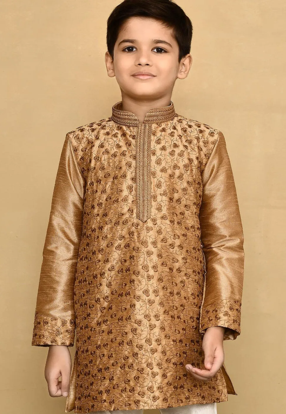 Embroidered Dupion Silk Kurta in Dark Beige