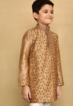 Embroidered Dupion Silk Kurta in Dark Beige
