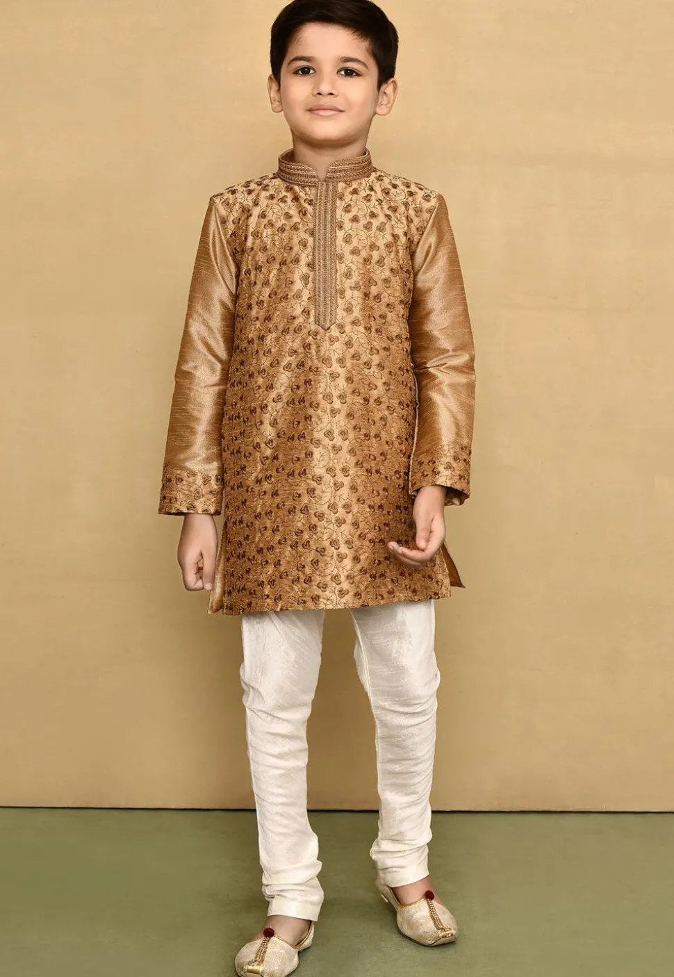 Embroidered Dupion Silk Kurta in Dark Beige