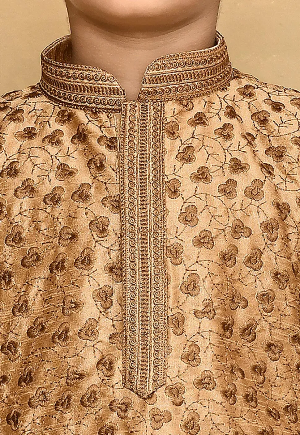 Embroidered Dupion Silk Kurta in Dark Beige