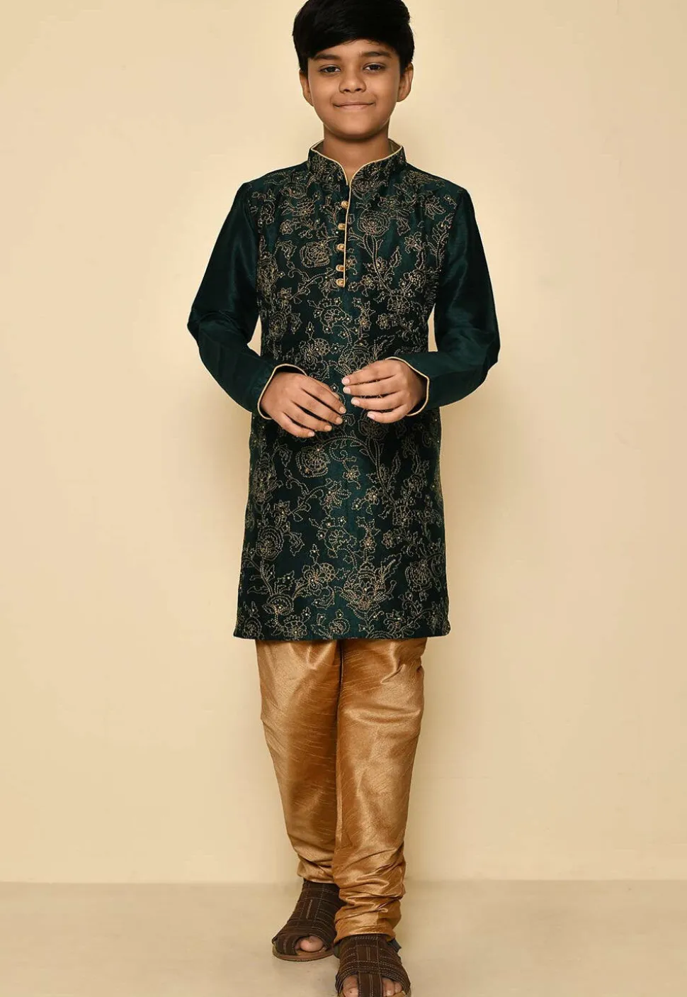 Embroidered Dupion Silk Kurta Set in Dark Green