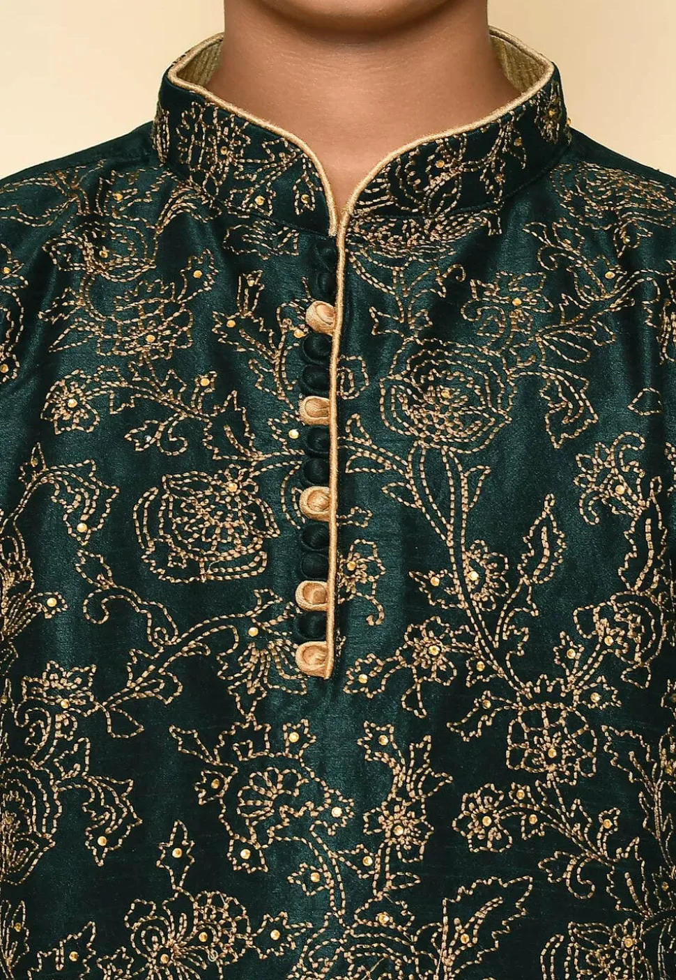 Embroidered Dupion Silk Kurta Set in Dark Green