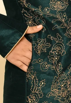 Embroidered Dupion Silk Kurta Set in Dark Green