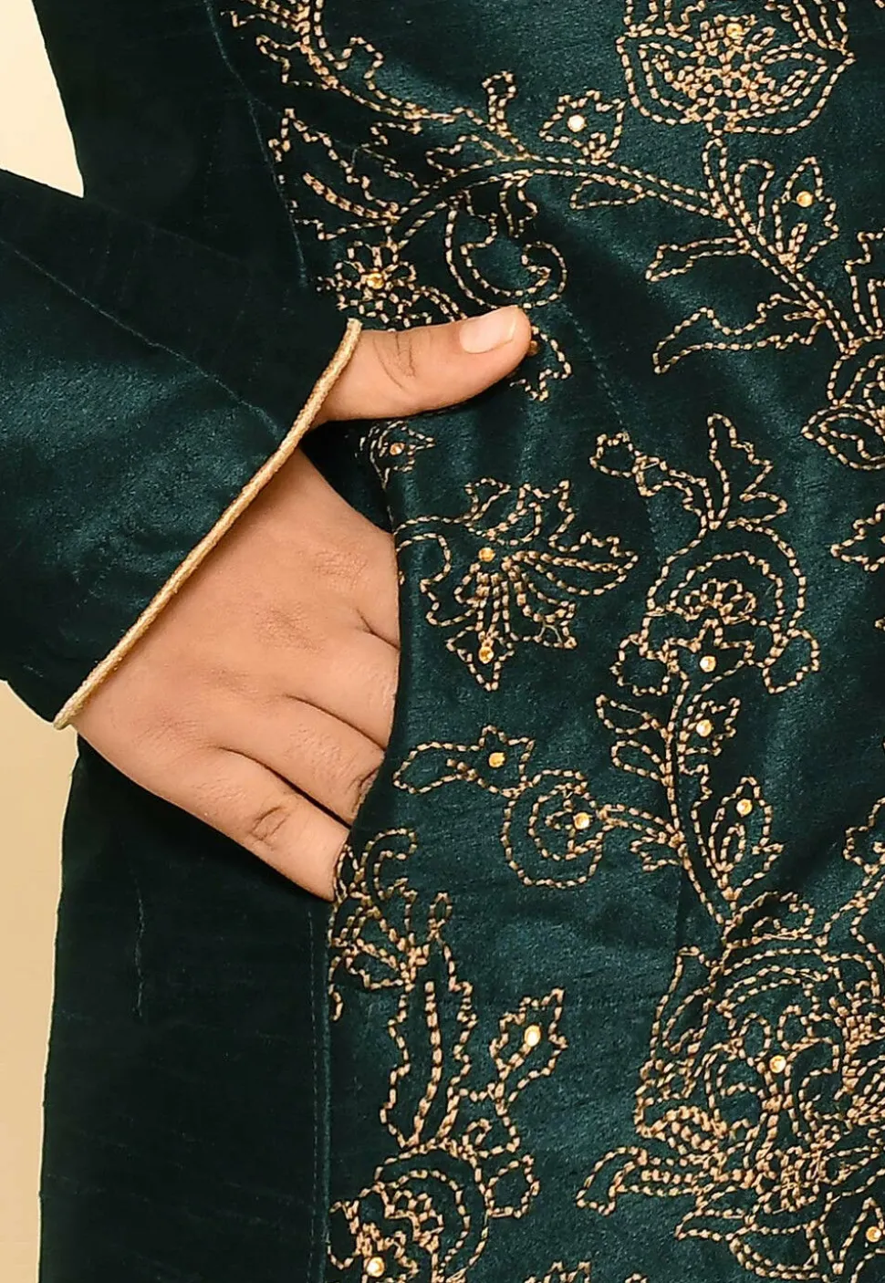 Embroidered Dupion Silk Kurta Set in Dark Green