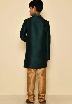 Embroidered Dupion Silk Kurta Set in Dark Green
