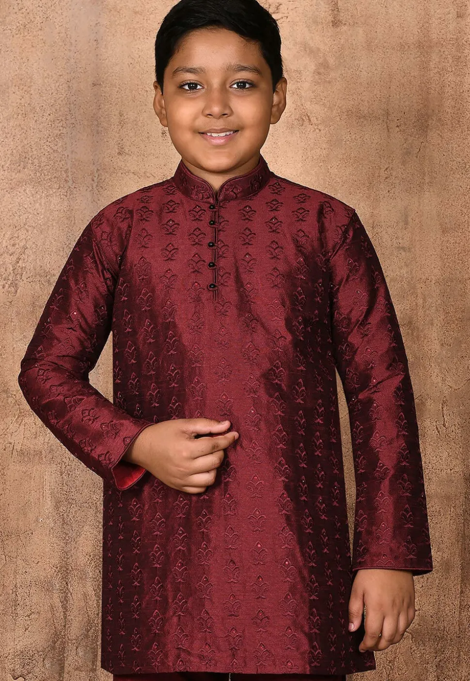 Embroidered Dupion Silk Kurta in Maroon