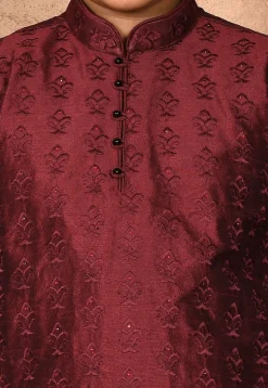 Embroidered Dupion Silk Kurta in Maroon