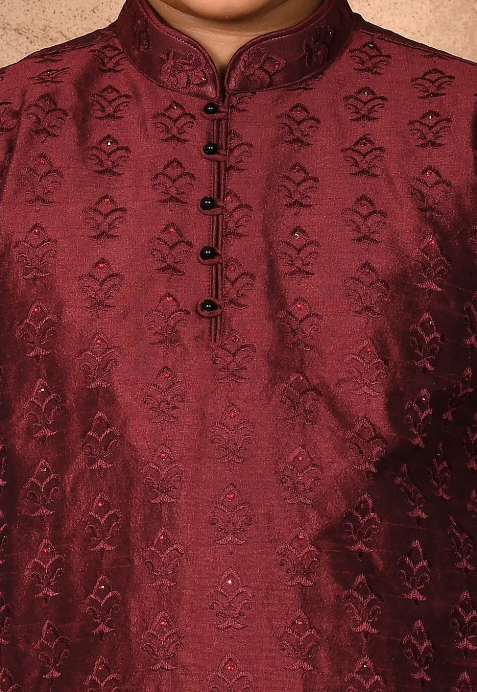 Embroidered Dupion Silk Kurta in Maroon