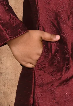 Embroidered Dupion Silk Kurta in Maroon