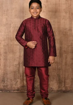 Embroidered Dupion Silk Kurta in Maroon
