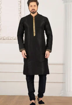 Embroidered Dupion Silk Kurta Set in Black