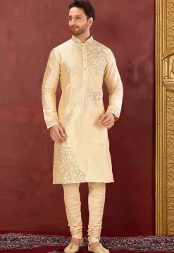 Embroidered Dupion Silk Kurta in Light Beige