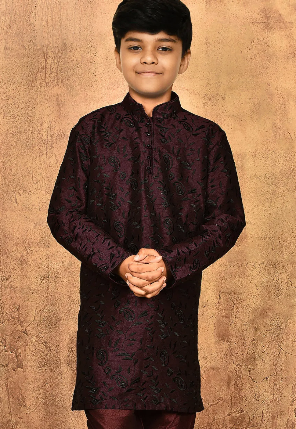 Embroidered Dupion Silk Kurta in Wine