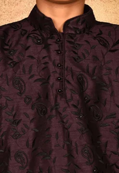 Embroidered Dupion Silk Kurta in Wine