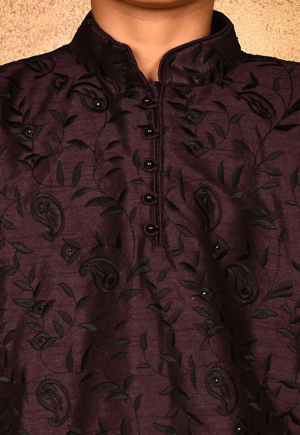 Embroidered Dupion Silk Kurta in Wine
