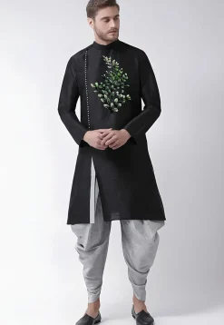 Embroidered Dupion Silk Kurta Set in Black