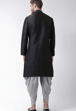 Embroidered Dupion Silk Kurta Set in Black