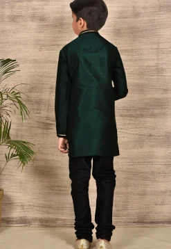 Embroidered Dupion Silk Kurta Set in Dark Green
