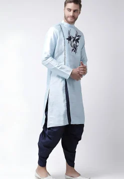 Embroidered Dupion Silk Kurta Set in Light Blue