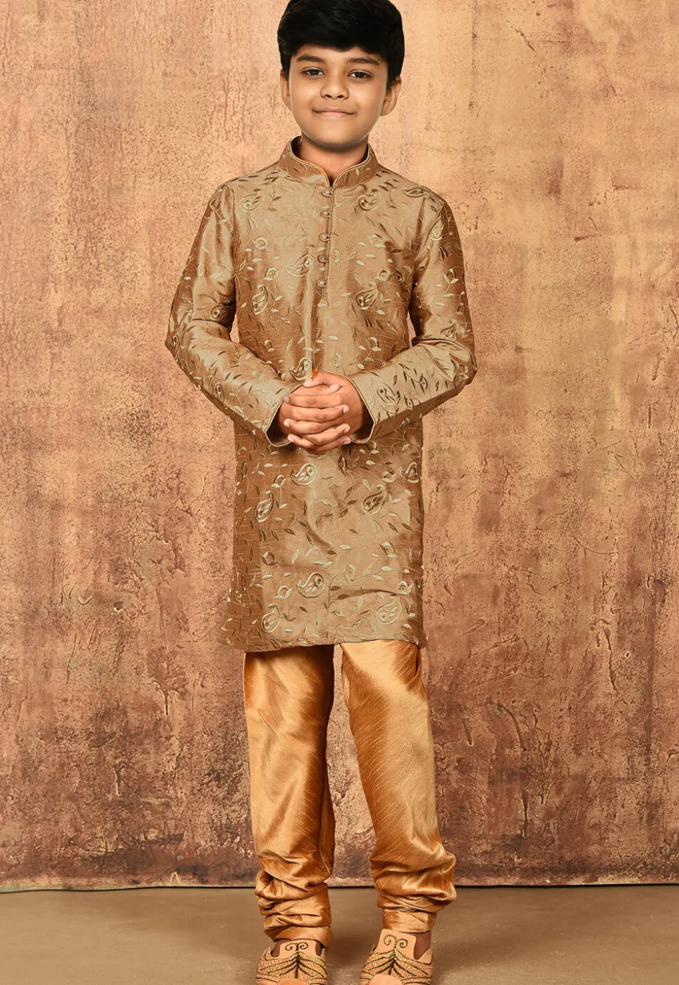 Embroidered Dupion Silk Kurta in Dark Beige